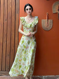 KYLETHOMASW  -  Floral Long Skirt Slimming Waist Design Summer Vaion Travel Women's Dr High Waist A-Line Stand Fit V-Ne Casual Wear