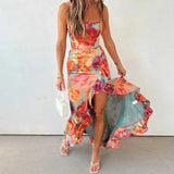 KYLETHOMASW  -  Casual Sleeveless Backless Tie Up Dress Summer New Low Cut Pleated Evening Dress Fashion Hot Girl Irregular Floral Printed Dress