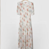 kylethomasw Short Sleeve Chiffon Dress Women Elegant Print Elastic Waist White Dress Lady Floral Summer Long Dresses for Women Vestido