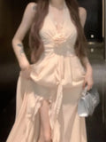 KYLETHOMASW  -  Neack-mounted Backless Long Dresses Beach Gentle Fairycore Flower Design Sense  A-line V-neck Off Shoulder Backless Dress