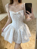 KYLETHOMASW  -  French Sweet Floral Suspender Lace Dress Female Summer New Fashion Vintage Casual Waist Bow Fluffy Short Dresses Women