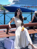 KYLETHOMASW  -  Casual White Solid Long Dresses Fairycore Slash Neck Inclined Shoulder Vestidos Summer Lace-up Ruched Trumpet Womens Dress