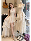KYLETHOMASW  -  France Sweet Slash Neck Holiday Dress Women's Summer New Design Fashion Elegant Fairy Irregular Seaside Dress Female Clothing