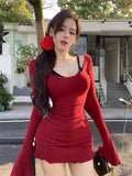 KYLETHOMASW  -  Sweet Hot Girl Sexy Suit Women's Summer Red U-neck Flared Sleeve Dress Lace Camisole Top Two-piece Set Fashion Female Clothes