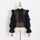 KYLETHOMASW  -  Women Ruffles Shoulder Lantern Sleeve Blouse Pullover Loose Tops Fashion Tie Bow Collar Perspective Shirt