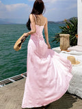 KYLETHOMASW  -  Women's Sweet Pink Long Dresses Elegant Spaghetti Strap Lace-up Princess Evening Party Dress Summer Holiday A-line Vestidos Robe