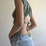KYLETHOMASW  -  Sweet and fresh printed back strap with U-neck short top for girls, sexy and slim fit, backless versatile short sleeved shirt