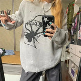 KYLETHOMASW  -  American Vintage Loose Hollow Out Knitwear Street Lazy Hiphop Printed Long Sleeve Pullover O Neck Ripped Solid Classic Sweater