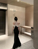 KYLETHOMASW  -  French Fashion Sexy Elegant Evening Gown Women's Halter Neck Sequin Tulle Patchwork Velvet Dress Chic Banquet Party Gown