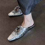 KYLETHOMASW  -  Women Mules Shoes Bling Flats Square Toe Slippers Elegant New Summer Sandals Dress Party Luxury Woman Slingback Shoes Mujer