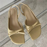 KYLETHOMASW  -  Women White Bowknot Slingback Sandals Summer Square Open Toe Low Heel PU Leather Elegant Casual Office Ladies Shoes