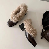 KYLETHOMASW  -  Ins style Fashion Square toe Patent Leather Wool Women Pumps Autumn Winter Warm High heels Loafers Casual Girls Chunky Shoes