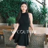 French Halter Neck Sleeveless Knitted Dress Summer Elegant Ruffle Slim Mini Dresses Women Solid Color A-Line Pleated Dress A026