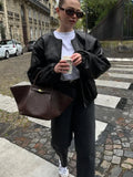 Kylethomasw  -  Fashion Zipper Round Neck Faux Leather Jacke Women Long Sleeved Solid Color Casual Coat 2024 Autumn New Lady Commuting Outerwear