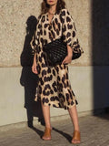 KYLETHOMASW  -  Spring Summer New Long V-neck Loose Lantern Sleeve Leopard Print Straight Cut Dress Women's Midi Dress Comfortable Breathable