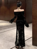 KYLETHOMASW  -  Temperament Evening Dresses Women Mesh Patchwork Off Shoulder Split Slim Ruffles Elegant Ladies Party Vintage Sexy
