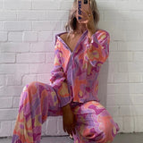 KYLETHOMASW  -  Y2K Graphic Print Long Sleeve Shirt Blouse + Wide Leg Pants Chic Women Two Piece Set Vintage Streetwear Boho Holiday Outfits
