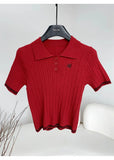 KYLETHOMASW  -  Summer Elegant Flower Embroidery Knitwear Fashion Polo Collar Short Sleeved Twists Knit T-Shirt Women Casual Slim Short Top 100A