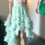 KYLETHOMASW  -  Spring Summer Asymmetric Mesh Skirt Kawai Sweet Tulle Gown Ball Women Elastic Waist Ruffles Long Skirts Mujer Faldas Jupe 760A