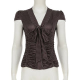 KYLETHOMASW  -  American style light mature V-neck lace up pleated slim fit shoulder T-shirt new polka dot short sleeved top