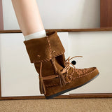 KYLETHOMASW  -  Retro Weaved Tassel Lace-Up Cowboy Boots Woman Turned-Over Edge Suede Leather Mid-Calf Boots Ladies Inner Height Western Boots