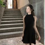 French Halter Neck Sleeveless Knitted Dress Summer Elegant Ruffle Slim Mini Dresses Women Solid Color A-Line Pleated Dress A026