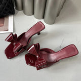 KYLETHOMASW  -  Fashion Patent Leather Butterfly Knot Women Slippers Square Toe Summer Sandals Low Thin Heels Mules Slides Shoes Size 39