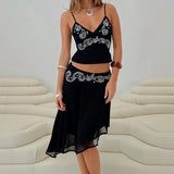 KYLETHOMASW  -  Women 2 Piece Skirt Outfit Boho Floral Spaghetti Strap Backless Tie Up Cami Crop Top Irregular Hem Midi Skirt Holiday Beachwear