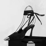 Kylethomasw Metal Decorative Sexy Pointed Toe High Heels Women Ankle Strap Suede Women Pumps Summer Elegant Heeled Sandals Tacones Mujer