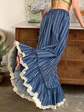 KYLTHOMASW  -   Blue and White Stripe Retro Half Skirt Summer 2024 New Fashion Spliced Lace High Waist Slimming Beach Style Long Skirt for Women