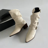 KYLETHOMASW  -  Autumn Winter Women Western Cowboy Boots Vintage Slip On Thick Heel Shoes Ladies Mid Calf Botas Zapatos De Mujer