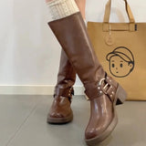 KYLETHOMASW  -  Winter Women Knee High Boots Fashion Belt buckle Long Boots Female Elegant Thick Heel Women's Knight Botties