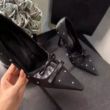 KYLETHOMASW  -  New Thin Heel Shallow Mouth Single Shoes Banquet Fashion Bow Pointed Water Diamond Silk High Heels