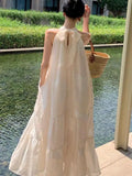 KIylethomasw Summer French Temperament White Bohemian Seaside Resort Style Sexy Loose Hanging Neck Character Sleeveless Mid-length Dress