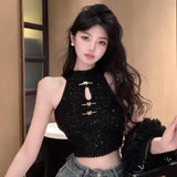 KYLETHOMASW  -  Sweet and Spicy Girl Sequined Sleeveless White Halter Crop Top Women Camisole Summer New Sexy Retro Backless Slim Short Tank Top