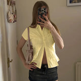 KYLETHOMASW  -  Solid Color Professional Women's Shirt Spring 2025 New V-Neck Pleated Girlish Age-Reducing Base Shirt Short Sleeve T-Shirt