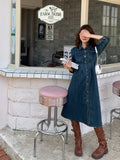 KYLETHOMASW  -  Autumn Spring New Design Vintage High-Waisted Long Denim Dress Women Single Breasted Slim Waist Pleated Mid-Length Dresses