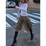 KYLETHOMASW  -  Women Flowy Plaid Skirts Elegant Asymmetrical Hem Midi Skirt