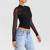 Kylethomasw  Sheer Mesh Long Sleeve Sexy T-shirt Women 2024 New Casual V Neck Zipper Layered Skinny Club Party Skinny Pullover Crop Tops