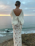 KYLETHOMASW  -  Cream Chunky Knit Loose Sweater Bow Tie Backless Lantern Sleeve 2025 Autumn Fashion Sweet Lady Top Holiday Elegant Chic Cardigan