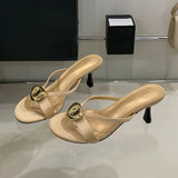 KYLETHOMASW  -  Fashion Metal Women High Heels Pumps Slides Shoes New In Spring Summer Female Slip On Footwear Round Toe Ladies Thin Heels Shoes