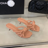 KYLETHOMASW  -  Summer Fashion Bowknot Concise Style Women Slippers Comfort Breathable High Heel Slippers Square Toe Sexy Female Slippers 625