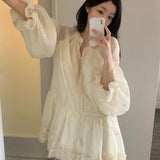 KYLETHOMASW  -  Summer New Loose Long-sleeved Embroidered Fungus Edge Tie-neck Shirt Skirt Summer