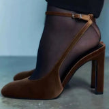 KYLETHOMASW  -  Retro Brown Faux Suede High Heels Women Fashion Round Toe Ankle Strap Buckle Brand Designer Shoes Elegant Banquet Dress Shoes
