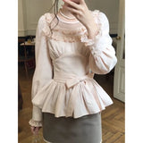 KYLETHOMASW  -  Kawaii Pink Bow Shirts Women Japanese Cute Lace Ruffles Patchwork Blouses Fashion Puff Long Sleeve Slim Design Tops New