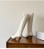 KYLETHOMASW  -  Autumn Winter Fashion Pleated Design Women Knee-High Boots Vintage Faux Suede Lace High heels Western Cowboy Long Booties Shoes