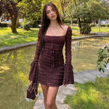 Kylethomasw High Quality Luxury Women's  New Sexy Square Neck Low Cut Flare Sleeves Slim Fit Wrap Hip Skirt Cake Skirt Vintage Dress Y2k