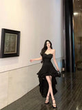 KYLETHOMASW  -  French Black Sexy Club Ruffles Strapless Asymmetric Dress Women Summer High Waist Backless Birthday Party Evening Dress New