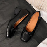 KYLETHOMASW  -  Retro Square toe folding Bowknot Soft Leather Women Pumps Ballet Style Thick High heels Casual Chunky Loafer Shoes