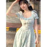 KYLETHOMASW  -  Summer French Sweet Floral Dress Women Puff Sleeve Slim Fit Lace Trim Waist Cinching Elegant Unique Design New Style Aesthetic